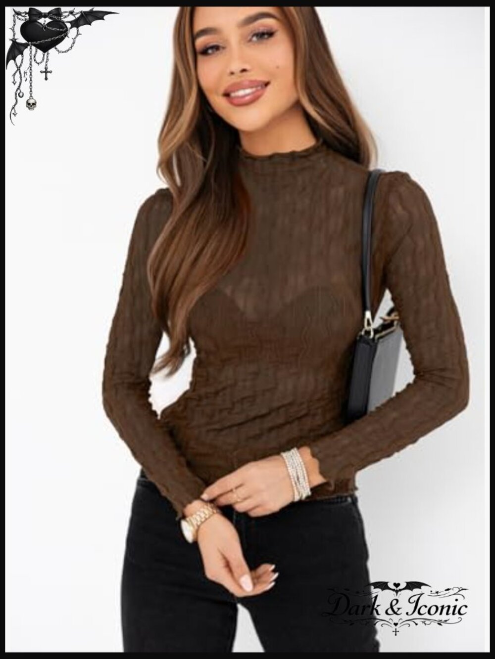 Mesh Sheer Lace Layering Top Mock Neck Long Sleeve See Through Blouse - Picture 2 of 7